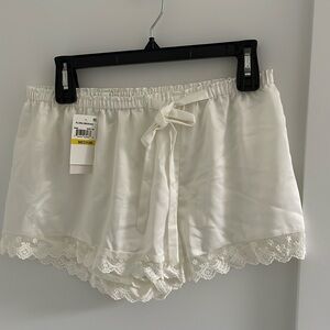 NWT Flora Nikrooz white satin PJ shorts with lace trim details